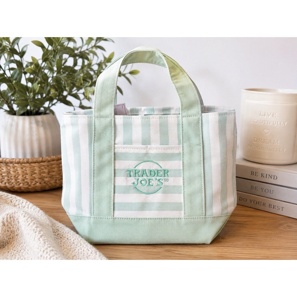 Trader Joe's Striped Mini Canvas Tote Bag Green/White Reusable 13x10x6"